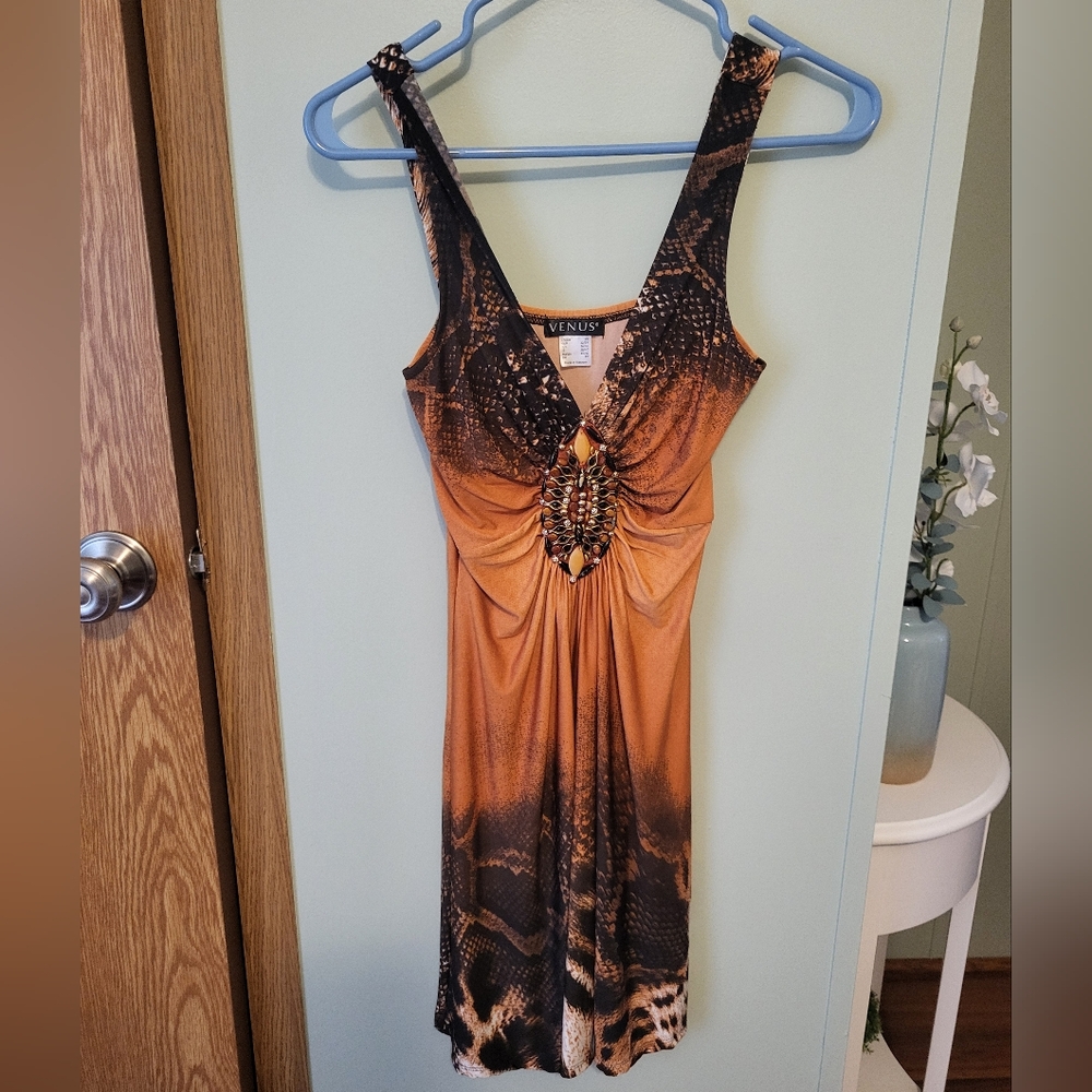 New VENUS Snakeprint Patterned Dress in Orange and Black with Embellished Center